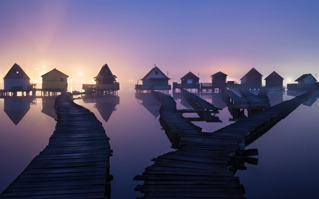 Dock houses dusk foggy sky free wallpaper - medium preview image