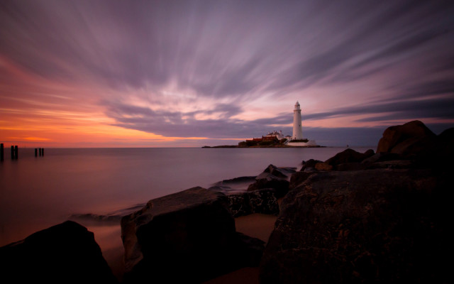 Lighthouse rocky shore sunset clouds #9 free wallpaper - medium preview image