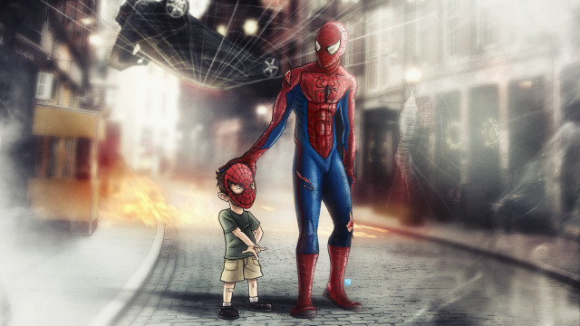 Spiderman littleboy street building rain free wallpaper - medium preview image