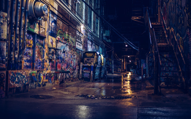 Dark alley graffiti firehydrant cityscape free wallpaper - medium preview image