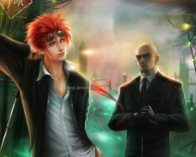 Redhair blackhair city neongreen anime free wallpaper - medium preview image