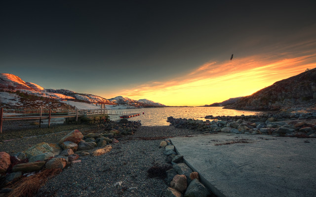 Sunset mountain water fence beach free wallpaper - medium preview image