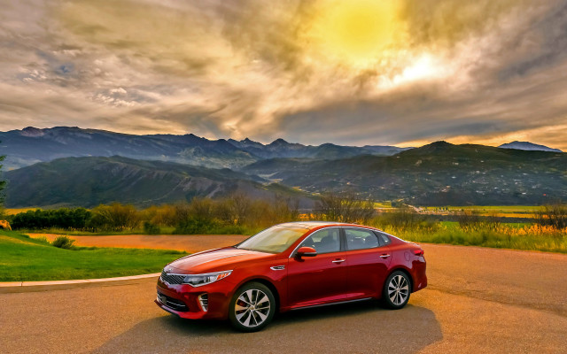 Red car mountain landscape dusk free wallpaper - medium preview image