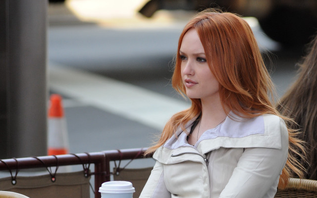 Red haired woman coffee bench free wallpaper - medium preview image