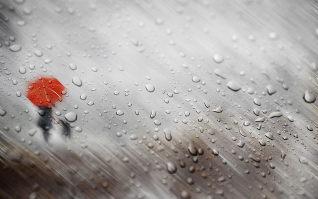 Rainy day red umbrella photorealism free wallpaper - medium preview image