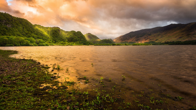Lake mountains cloudy sky plants free wallpaper - medium preview image