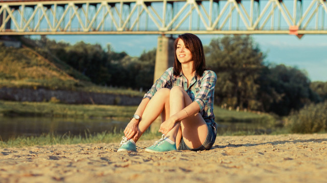 Woman river bridge sitting beach free wallpaper - medium preview image