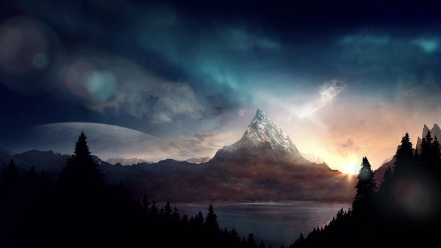 Mountain lake sky clouds sunbeam free wallpaper - medium preview image