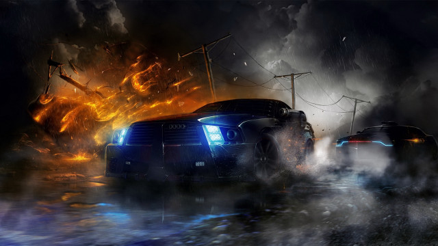Fire water ship battle matte free wallpaper - medium preview image