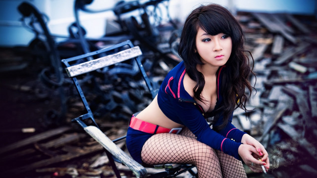 Woman blue junkyard broken bike free wallpaper - medium preview image
