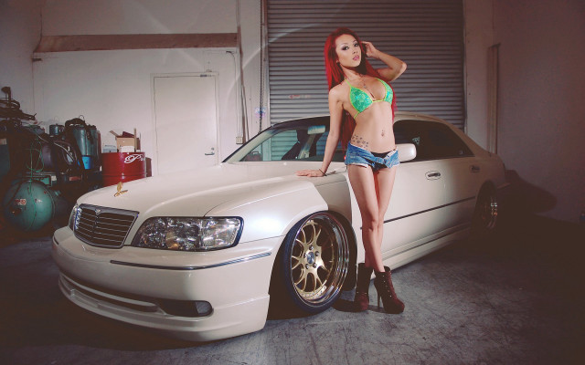 Woman bikini whitecar garage redhair free wallpaper - medium preview image