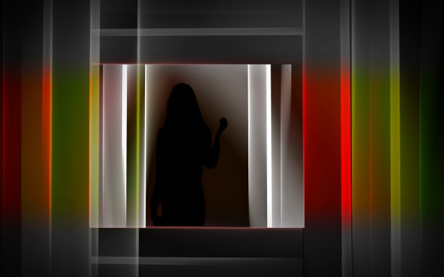 Woman doorway cellphone multicolored background free wallpaper - medium preview image