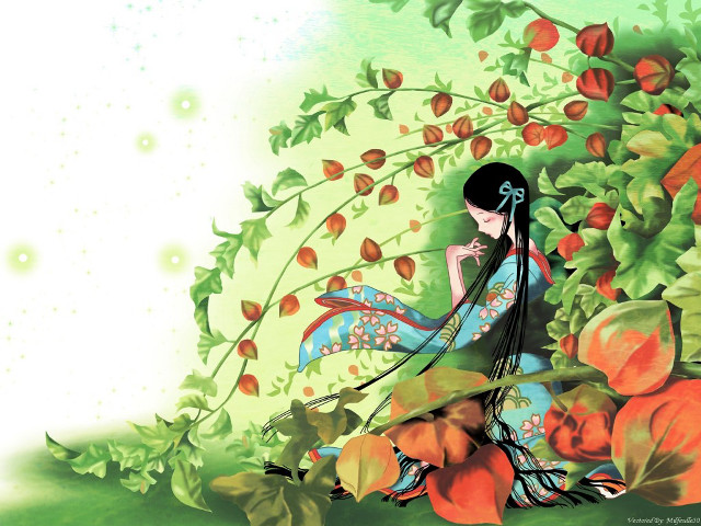 Woman flower ground tree red free wallpaper - medium preview image