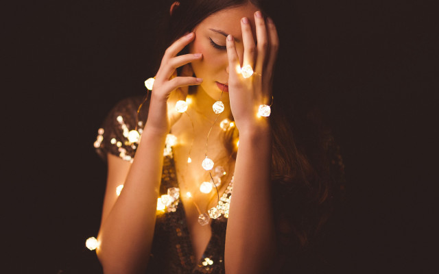 Woman hands face lights bokeh free wallpaper - medium preview image