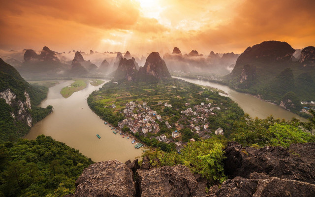 River mountains village sunset cloudy free wallpaper - medium preview image