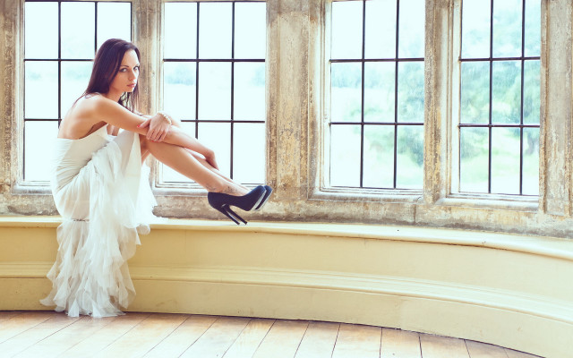 Woman dress window sill blue free wallpaper - medium preview image