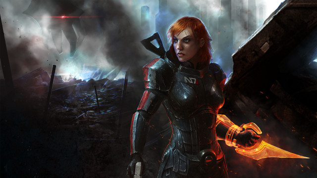 Futuristic suit woman sword flame free wallpaper - medium preview image