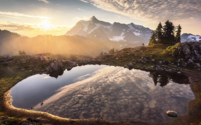 Mountain lake forest sunset matte free wallpaper - medium preview image