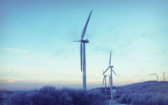 Wind turbines hill trees blue free wallpaper - medium preview image
