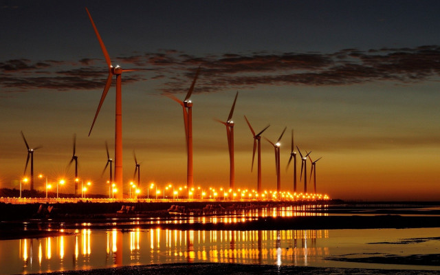 Wind turbines beach night sunset free wallpaper - medium preview image