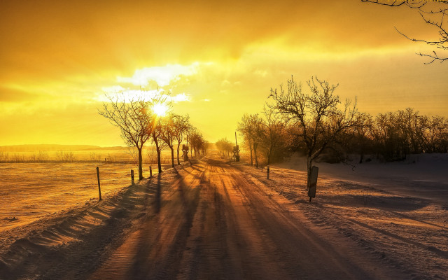 Road fence trees sunset mountain free wallpaper - medium preview image