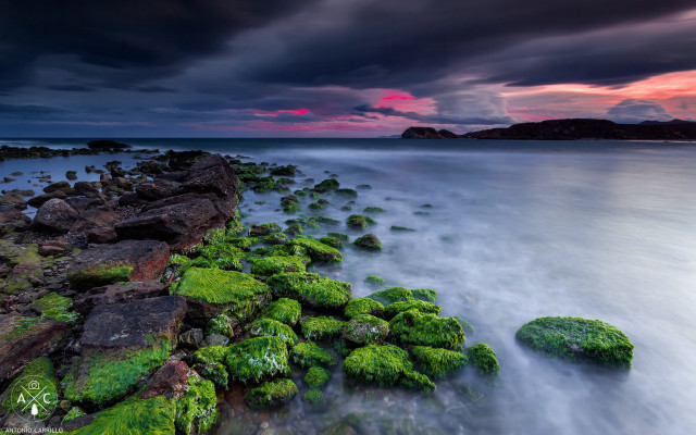 Rocky shore moss sunset mystical free wallpaper - medium preview image