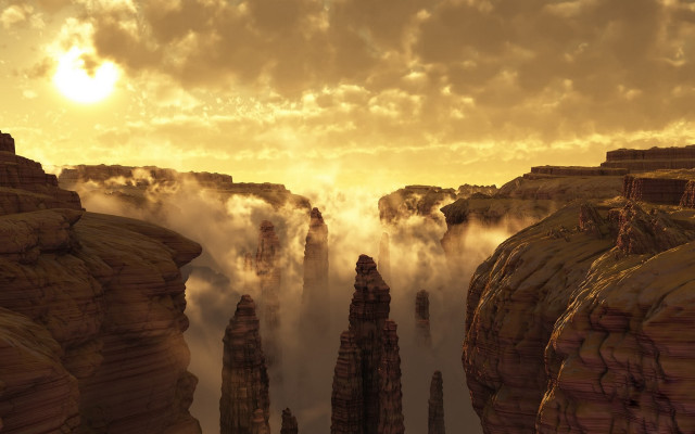 Mountain fog sunset skyline ocean free wallpaper - medium preview image