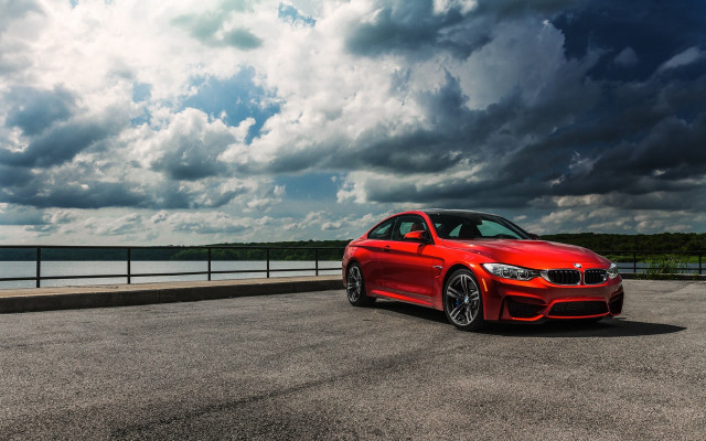 Red car road water clouds free wallpaper - medium preview image
