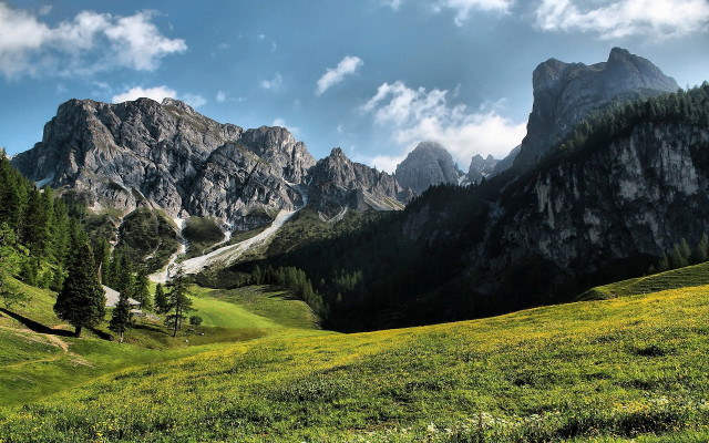 Grassy field mountain clouds trees #3 free wallpaper - medium preview image