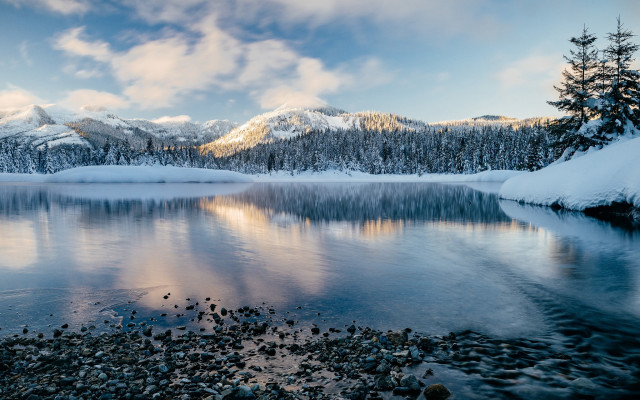 Lake snowy mountains reflection city free wallpaper - medium preview image