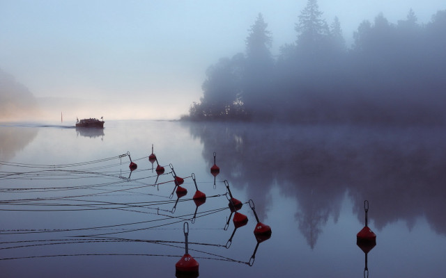 Foggy lake boat red lanterns free wallpaper - medium preview image