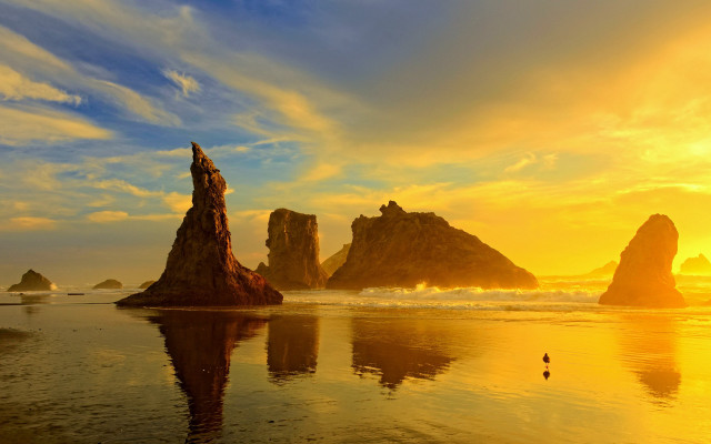 Sunset beach rocks bird clouds free wallpaper - medium preview image