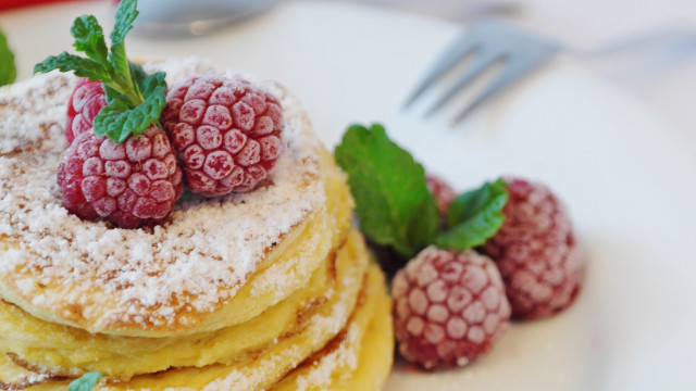 Pancakes raspberries powdered sugar flower free wallpaper - medium preview image