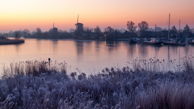 Water boats windmill sunset impessionism free wallpaper - medium preview image