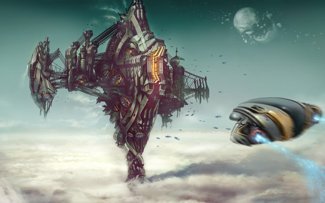 Futuristic space ship planet moon free wallpaper - medium preview image