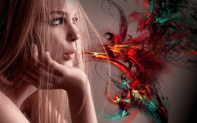 Woman longhair birdhead redgreen swirl free wallpaper for desktop - medium preview image