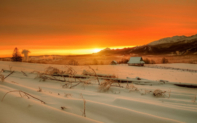 Snowy field barn mountains sunset free wallpaper - medium preview image