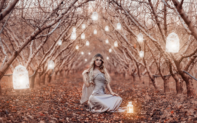 Woman forest lantern autumn dress free wallpaper - medium preview image
