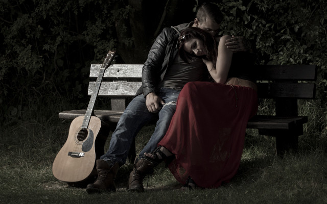 Man woman bench guitar blanket free wallpaper - medium preview image
