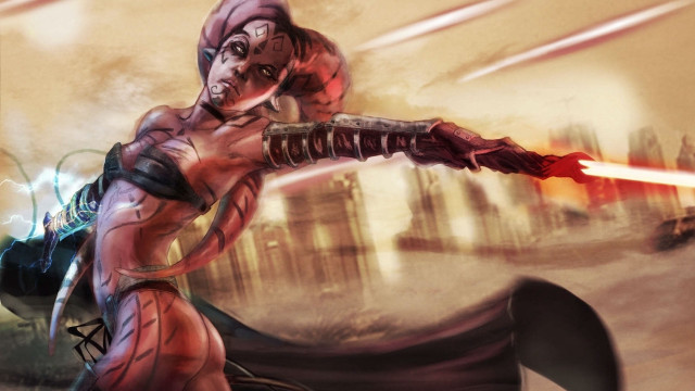 Woman sword futuristic city red free wallpaper - medium preview image