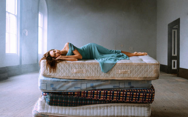 Woman mattress pile room blue free wallpaper - medium preview image