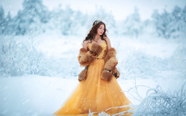 Woman yellow dress teddy snowy free wallpaper - medium preview image