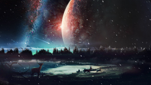 Distant planet deer horse moon free wallpaper - medium preview image