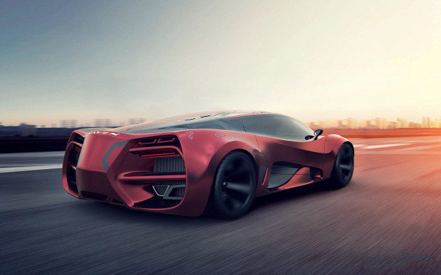 Red sports car city sunset free wallpaper - medium preview image