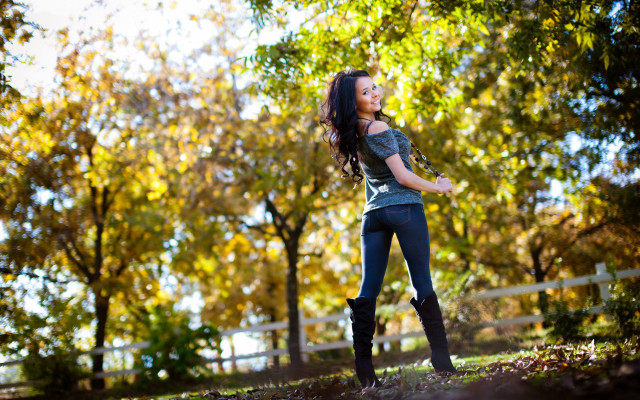 Woman field trees fence autumn free wallpaper - medium preview image