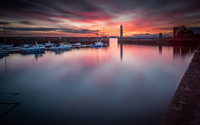 Harbor boats lighthouse sunset cloudy free wallpaper - medium preview image