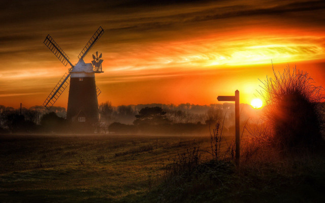 Windmill fog sunset fence landscape free wallpaper - medium preview image