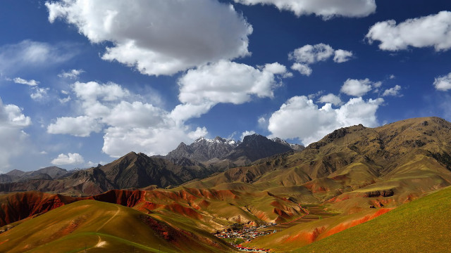 Mountain village clouds blue sky free wallpaper - medium preview image