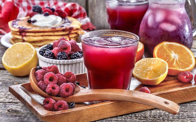 Wooden tray juice berries pancakes free wallpaper - medium preview image