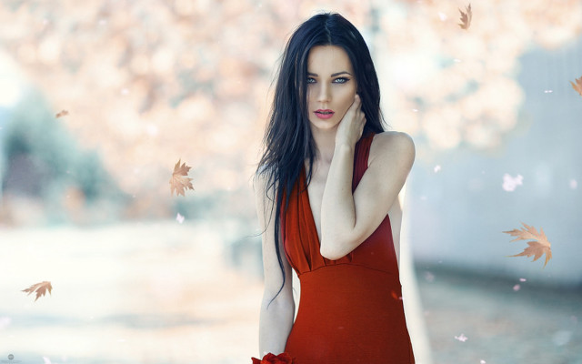 Woman red dress autumn leaves free wallpaper for desktop - medium preview image